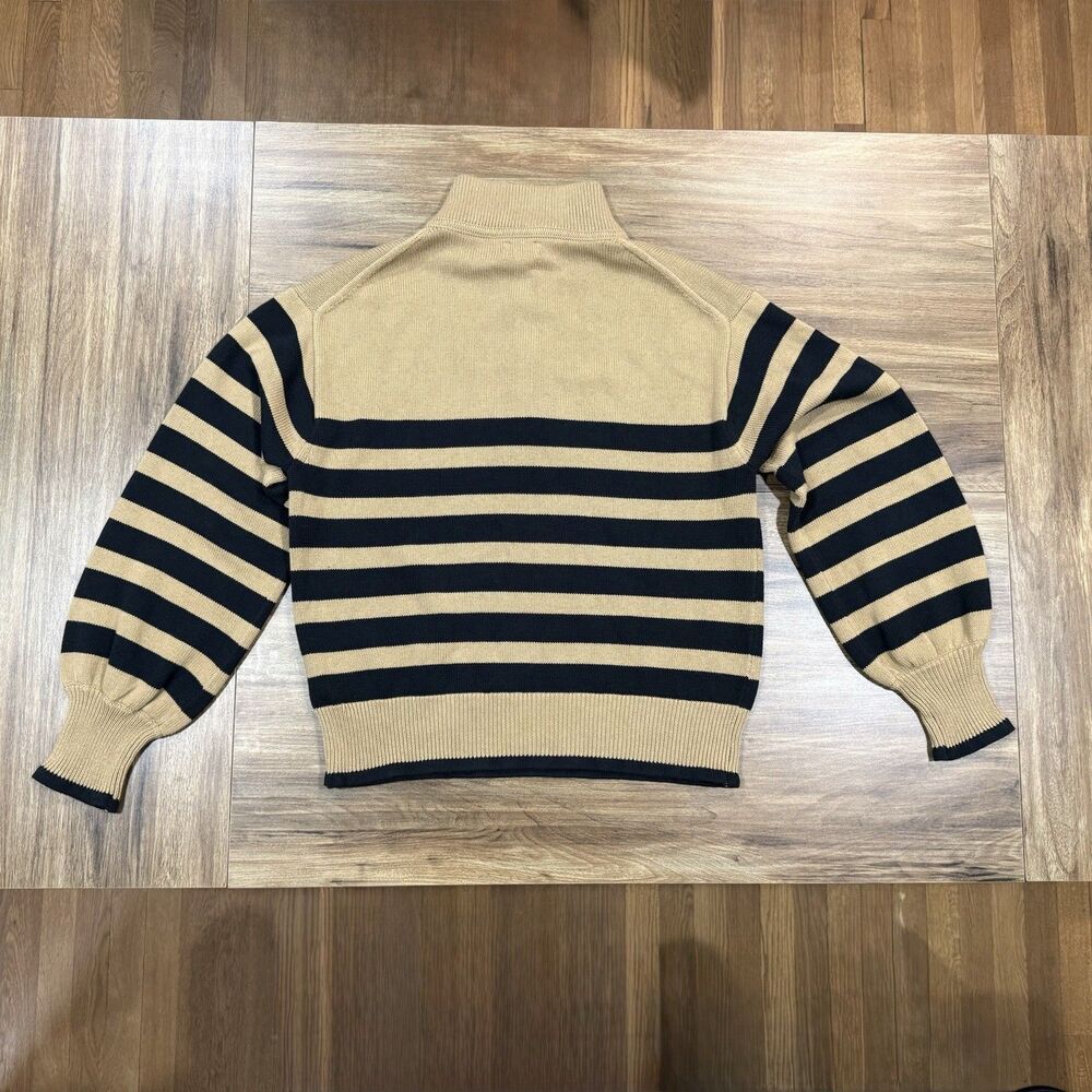 J.Crew Tan Striped Horizontal Stripe Pearl Halfzip Preppy Pullover Sweater Sz M - Picture 2 of 8
